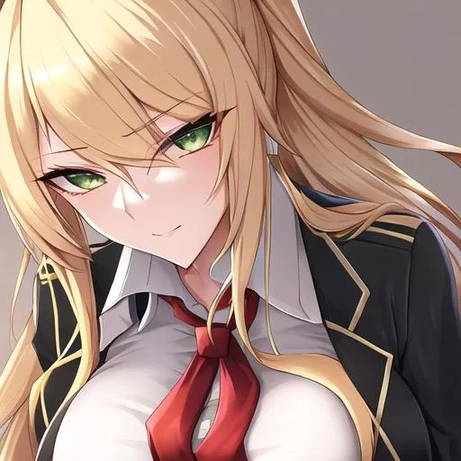 Prompt: Kazumi 1female. Long Blonde hair that stops at her shoulders. Sharp and lively green eyes. Wearing a  sleek and stylish ensemble, with a tailored blazer, crisp button-up shirt, and fashionable trousers. UHD, close up