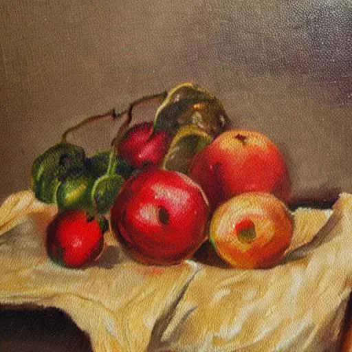Prompt: vintage table fruits  oil painting
