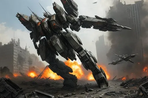 Prompt: armored core mech flying through ruined city, mechs, post apocalyptic,  fires, explosions,  ue5, hyper realistic