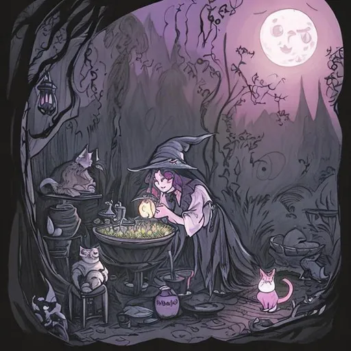 Prompt: A witch brewing a potion in the forest under the moon next to a cat.

