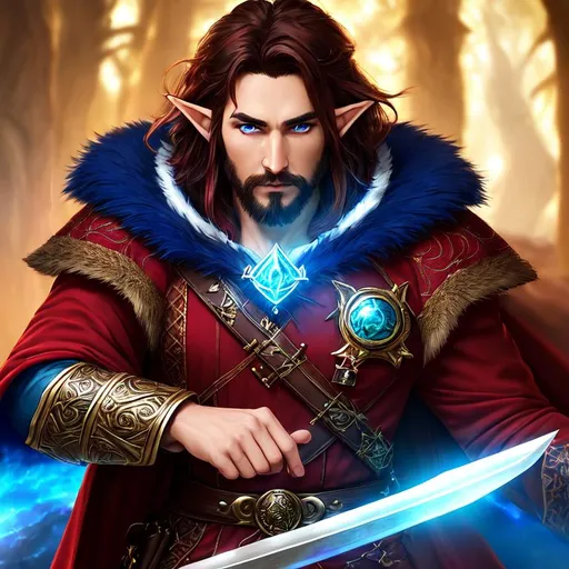 Prompt: Fantasy style, a hyper realistic detailed image of combative druid, male elf, brown goatee, spellsword, looking straight ahead, body facing camera, camera top third of image, perfect composition, super detailed, sharp focus HDR, UDR, 120k, red and blue robes, fur collar, long straight dark brown hair, radient blue eyes, in a mountain forest fantasy background, exposed midriff, muscular 