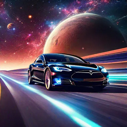 Prompt: car(tesla model s) driving down long highway set in space with galaxies and planets in the distance , vibrant colors, HD, 4K, professional brush work, detailed, cinematic shot, better, F1 car, future,hyperdetailed,sharp looking ,ultimate creation, next level technology and clearity, ultra sharp