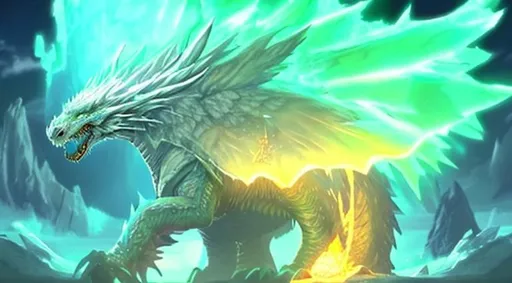 Prompt: make this person with the glowing sword on top of a white dragon with yellow crystals coming out of it instead of spikes and a blue green aura coming out of it's head.