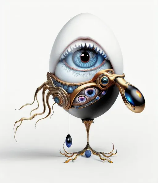 Prompt: Humanoid Egg with Single Large Eye Beautiful Lips with a single white fang, Photometric lighting, Photorealistic Digital Art, Intricately detailed, 8k resolution, artby Salvador Dali 