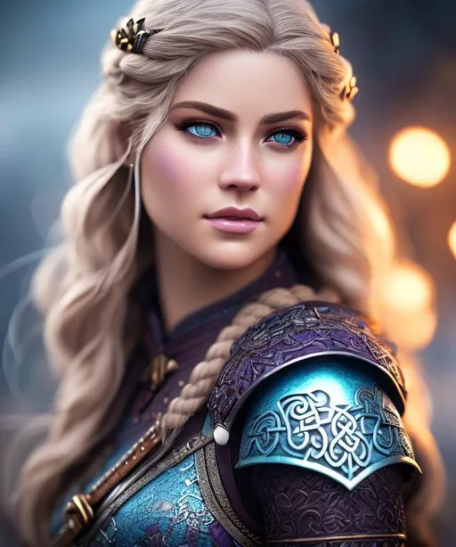 Prompt: create most beautiful fictional female viking princess warrior, dark purple hair, light blue eyes, extremely detailed environment, detailed background, intricate, detailed skin, professionally color graded, photorealism, 8k, moody lighting