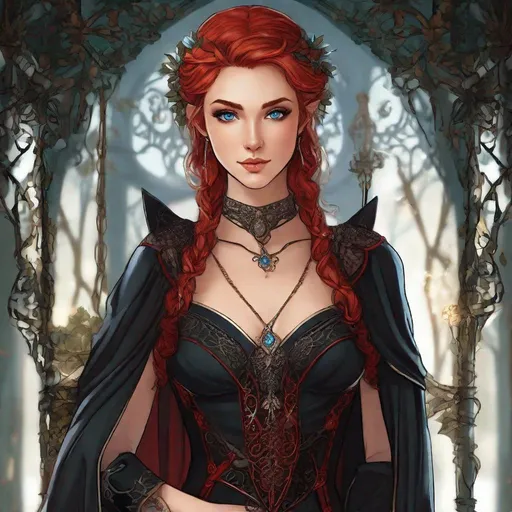 Prompt: A beautiful elf young woman . Aoibhell is a crimson-haired beauty of classical form. Slender and curvaceous, she has startling blue eyes and a wicked smile. She wears pratical red and black Hunt dress. Changeling the dreaming art. Rpg art. 2d art
2d