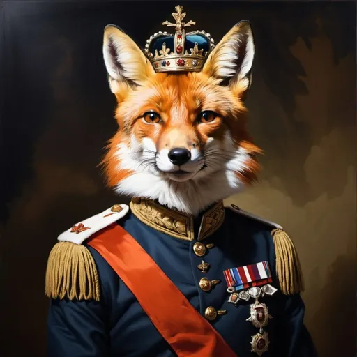 Prompt: A royal portrait of a fox in crown and military uniform as an oil painting with dramatic lighting