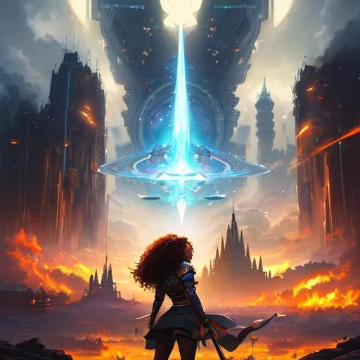 Prompt: modern movie poster with SZA in center focus, 1 female, big curly hair, ethereal, wild hair, spaceship in background, dragons flying in background, dragoon artifact gear from ffxiv in background, war, castles on fire, royal vibe, highly detailed, digital painting, Trending on artstation , HD quality,  brown skin, Big Eyes, artgerm, by Ilya Kuvshino
