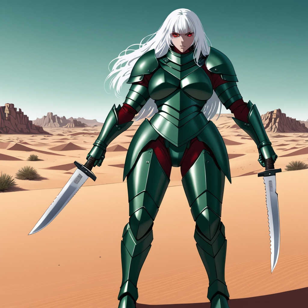 Giant woman with white hair and red eyes wearing dark green body armour holding knives in each hand 