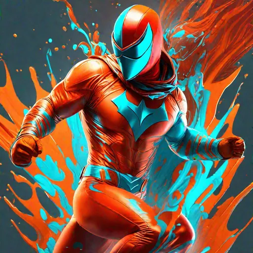 Prompt: digital art, splash art, red mist smoked aura, male super hero, orange cyan spandex suit, luchador masked, lean body tipe, wear gauntlet, goofy action pose, hd octane render, ultra 4k, ultra definition, highly enchanted