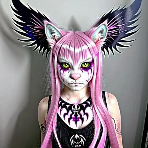 Prompt: Half demon, half wolf cat thingy hair made from fairydust eyes glow in the dark 12 inch scar arcrossed face because bullied, nerd, pretty clothing because princesse, half fairy fancy neckless from mom thats dead and bruses from dad I have angel wings I wEAR PINK maKeup and  My tail is the a fluffy demon tail, boy