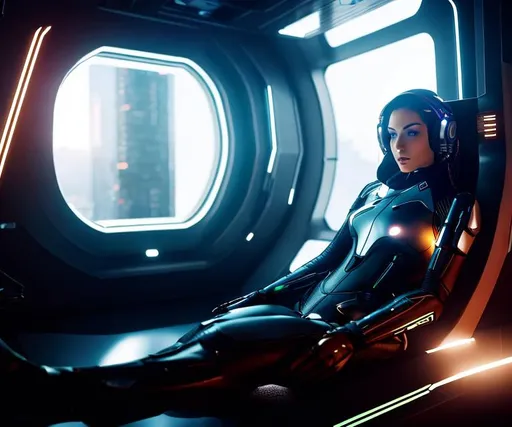 Prompt: a spaceship cyborg pilot in a transparent suit, laying down in a chair, in a cyberpunk setting, cyborg, implants, high details, realistic , professionally colour graded, photorealism, 8k, grim dark lighting, art by the Caravage