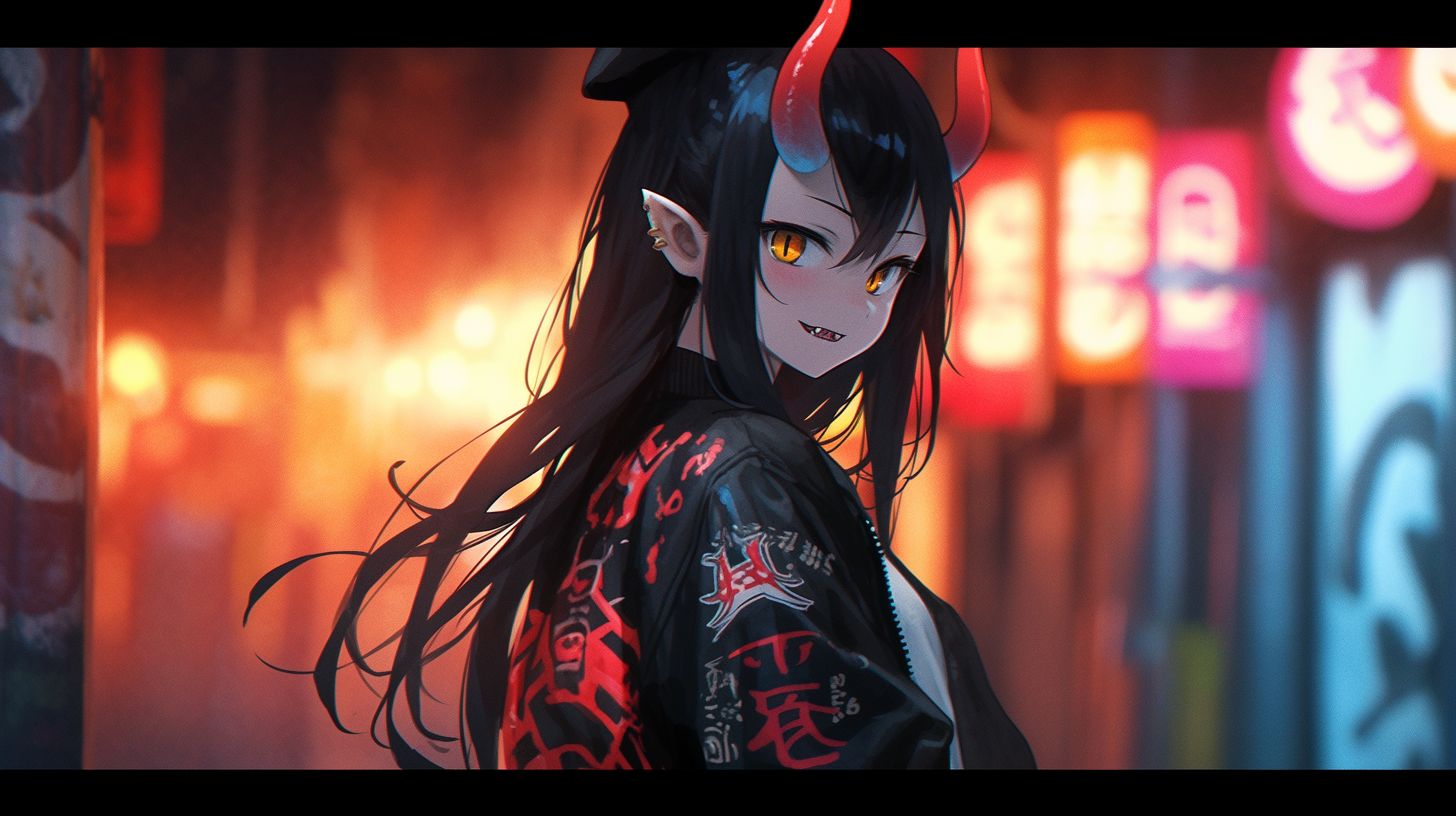 Prompt: Oni girl, pale skin, dark horns, female, wearing stylish streetwear clothes, in a Japanese alley, neon lights, at night, Milky Way, high detail, best quality, ultra-detailed, attractive, smile, soft lighting, hyper realistic, wallpaper