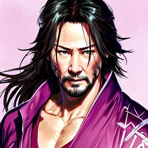 Prompt: (Yoji Shinkawa), (((dynamic pose))), (carbonfiber), sticker of ultra detailed portrait of Keanu Reeves,  male, in purple kimono, sheathed katana, shoulder-armor, nkack hair in ponytail,  high quality cell shaded illustration in post apocalyptic style by Yoji Shinkawa, ((full body)),  perfect anatomy, centered, freedom, soul, dynamic pose, approach to perfection, cell shading, 4k , cinematic dramatic atmosphere, watercolor painting, global illumination, detailed and intricate environment, artstation, concept art, fluid and sharp focus, volumetric lighting, cinematic lighting, Art by Yoji Shinkawa,
