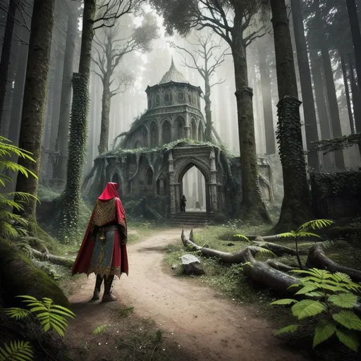 Prompt: wandering nomad wizard female, multilayred outfit, cloak and cape, intricate detail,  show old apocalyptic city wasteland overgrown by oppressive huge forest, vines, plants and roots growing, cracking through walls, 3d render,  high detail, 