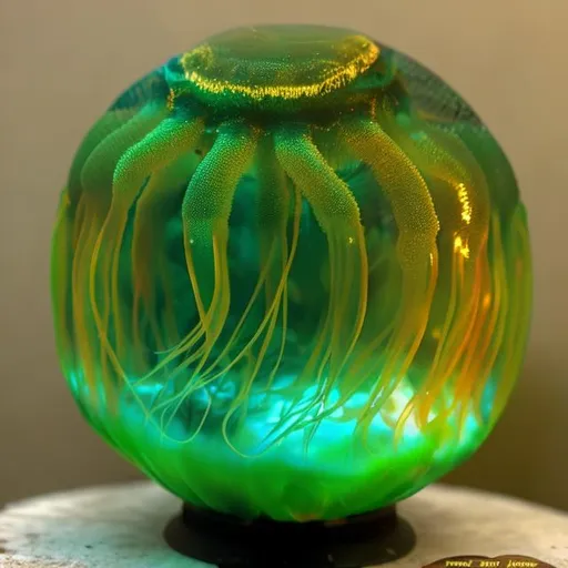 Prompt: green and gold planet sized jellyfish orb