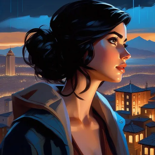 Prompt: Third person, gameplay, Cordoban girl, pale skin, black hair, brown eyes, Cordoba at night, skyscrapers, mountains in the distance, rain, cold blue atmosphere, cartoony style, extremely detailed painting by Greg Rutkowski and by Henry Justice Ford and by Steve Henderson 

