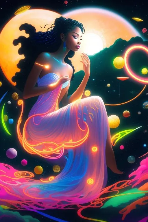 Prompt: Visualize a breathtaking scene: the Sun herself transformed into a stunning, radiant woman, surrounded by the planets of our solar system, from Mercury to Uranus, orbiting her in harmonious dance. Her ethereal form is adorned in bioluminescent splendor, depicted with heavy strokes and neon paint drips. This extraordinary artwork is meticulously crafted with sharp focus and digital detail by Mr. Muz, reminiscent of the precision found in Miki Asai's macro photography.

This cosmic masterpiece, a close-up and hyper-detailed portrayal, trends on Artstation, celebrating the expertise of artists like Greg Rutkowski. The woman's bioluminescent skin and silk gown cast an otherworldly glow, creating a scene that pays tribute to the celestial wonders of our solar system.