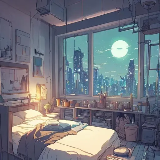 Prompt: cozy bedroom at night scenery concept art sketch futuristic style artstation ian mque studio ghibli