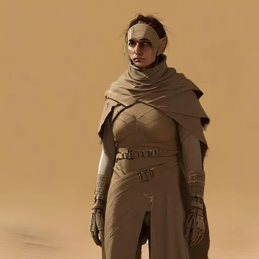 Prompt: woman beautiful, terrorist, tuscan raider, fremen armor, dune, white bandage arms, cloth poncho, scifi military armor, rocket launcher