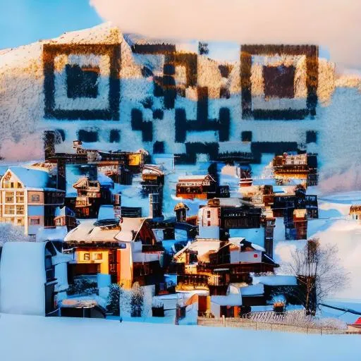 Prompt: a snowy village with mountains on the back