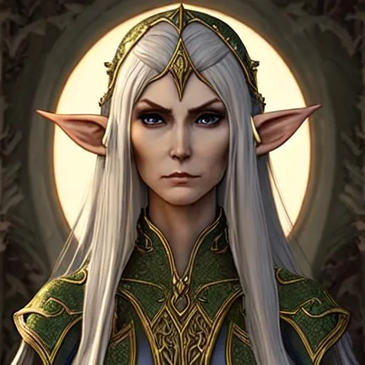 Prompt: A fair haired female elven woman with a slender build wearing a religious outfit with a serious facial expression