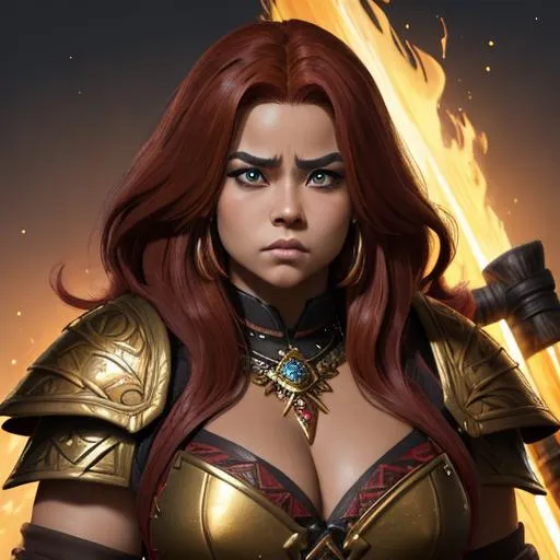 Prompt: masterpiece, splash art, ink painting, beautiful pop idol, D&D fantasy, (25 years old) lightly tanned-skinned gold Dwarf barbarian female, ((beautiful detailed face and large eyes)), ((short, stocky, dwarf proportions)), raging expression, medium length red hair, serious expression looking at the viewer, wearing detailed hide armor holding a huge battle axe above in one hand #3238, UHD, hd , 8k eyes, detailed face, big anime dreamy eyes, 8k eyes, intricate details, insanely detailed, masterpiece, cinematic lighting, 8k, complementary colors, golden ratio, octane render, volumetric lighting, unreal 5, artwork, concept art, cover, top model, light on hair colorful glamourous hyperdetailed medieval city background, intricate hyperdetailed breathtaking colorful glamorous scenic view landscape, ultra-fine details, hyper-focused, deep colors, dramatic lighting, ambient lighting god rays, flowers, garden | by sakimi chan, artgerm, wlop, pixiv, tumblr, instagram, deviantart