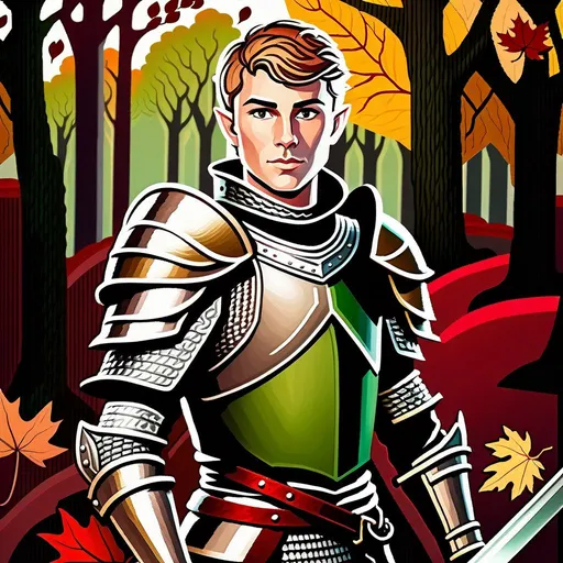 Prompt: Short skinny young male half-elf with very light brown short hair, gray-green eyes, knight armor, with a one-handed sword, covered in blood, dnd, Baldur's gate 3, in autumn woods, cute, at dusk,  perfect composition, hyperrealistic, super detailed, 8k, high quality, sharp focus, studio photo, intricate details, highly detailed, by greg rutkowski