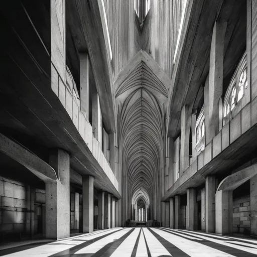 Prompt: a large cathedral in space, brutalist architecture
