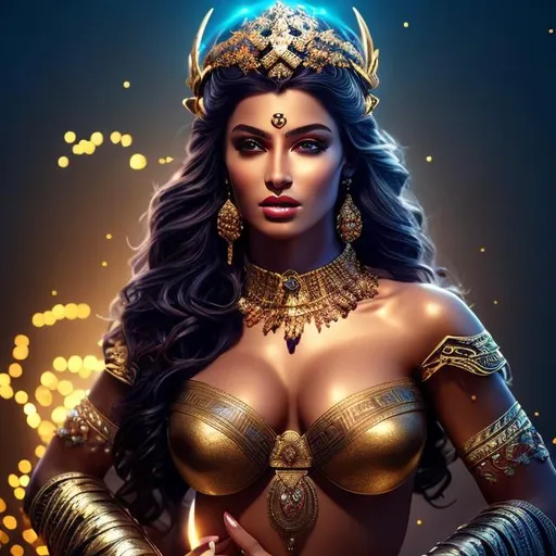 Prompt: HD 4k 3D 8k professional modeling photo hyper realistic beautiful warrior woman ethereal greek goddess of gluttony
evil curvy black hair dark eyes gorgeous face dark skin shimmering dress with jewelry full body surrounded by magical glowing light hd landscape background food drink bed pillows laying down