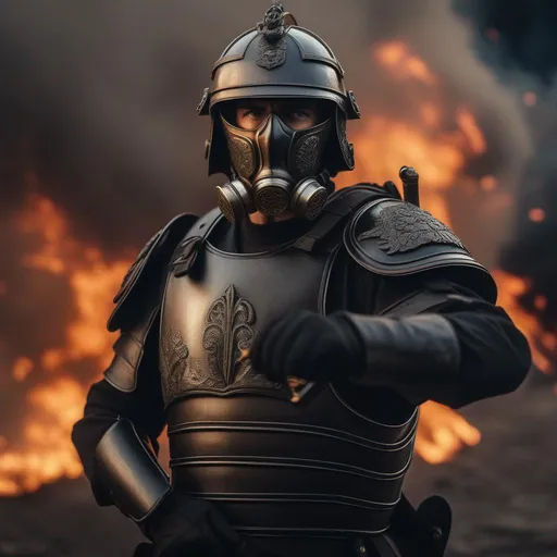 Prompt: A modern roman military male in black military armor galea helmet of roman armor, with a gunfire and gas mask, background Lodon in fire, Hyperrealistic, sharp focus, Professional, UHD, HDR, 8K, Render, electronic, dramatic, vivid, pressure, stress, nervous vibe, loud, tension, traumatic, dark, cataclysmic, violent, fighting, Epic