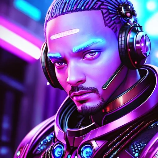 Prompt: CREEPY Android Man ((Will Smith)) , DEAD  Eyes, Glow in Hair, intricately flowing hair, Rude Cyborg RED/CYAN GLOWING  Body, Intricate  VIOLET metal lace body armor, 50mm (((face close-up))), Cyberpunk Arena in the background, cinematic Shot, intricate details, Cinematic lighting, Soft light,  ((( ornamental artwork by Tooth wu and Beeple))) , insane details, photorealistic 