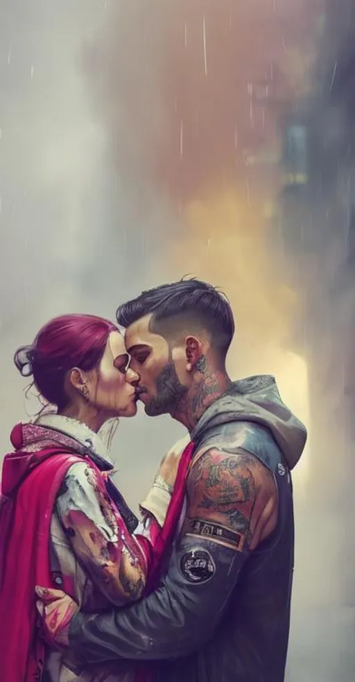 Prompt: Beautiful face, kissing in the rain while the city burns, tattoos, passion, cyberpunk, dark