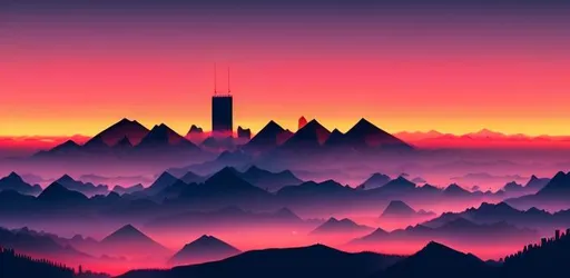 Prompt: Multiple layers of silhouette {mountains}, with silhouette of {chicago}, sharp edges, at sunset, with heavy fog in air, vector style, horizon silhouette Landscape wallpaper by Alena Aenami, cilhouette of person,  firewatch game style, vector style background