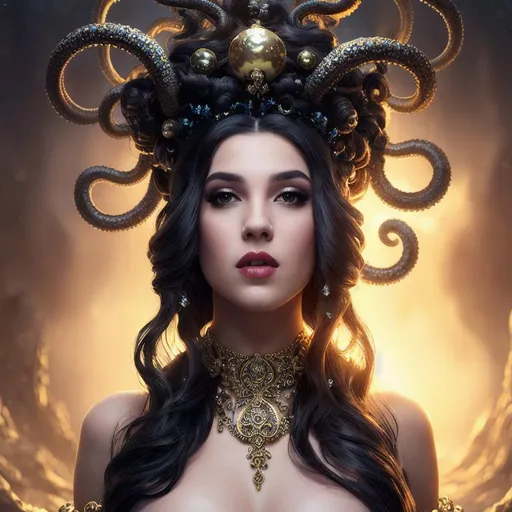 Prompt: A beautiful fantasy kraken queen female, glossy lips, ornate jewelry, highly detailed full body, no hair on face, just one head, long flowing black hair,fully dressed, under sea background with bubbles, crown on head, epic composition, ultra wide-shot, dynamic pose, concept art, dramatic lighting, digital painting, smooth, character design, ((sharp focus))