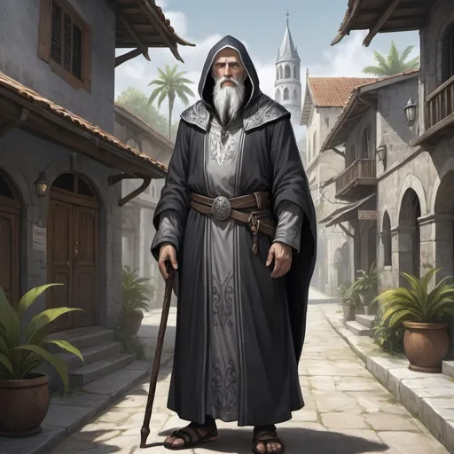 Prompt: Full body, Fantasy illustration of a male cleric, elderly, black and silver hooded robe, grey hair and beard, grim expression, oliv skin, skinny, high quality, rpg-fantasy, detailed, tropical french colonial town background