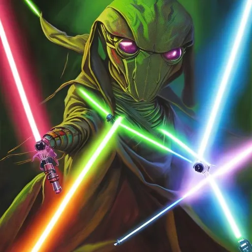Prompt: A mantis-jedi with two double-bladed rainbow colored lightsabers.