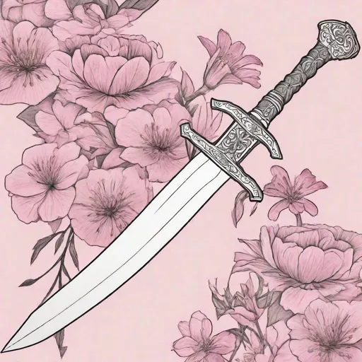 Prompt: Create me a simple straight short sword, the picture should be in black and white, pencil drawn, and a floral border and white background, the only thing that should have color is the pink flowers