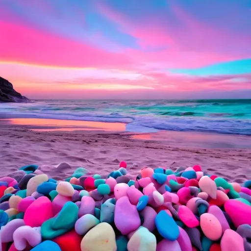 Prompt: cotton candy skies with a no trees and beach made of glowing pebbles