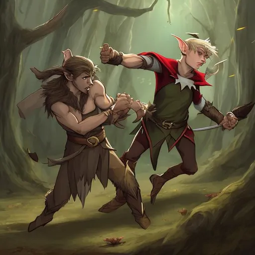 Prompt: a short elf fighting a bear without a weapon