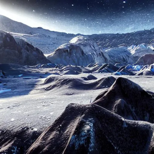 Prompt: Frozen wasteland of a planet, surrounded by Binary Star System its forever Daylight. Enormous Glaciers mile's High, Mountain peaks as sharp as knives, Ailean creatures suited to that environment of cold 