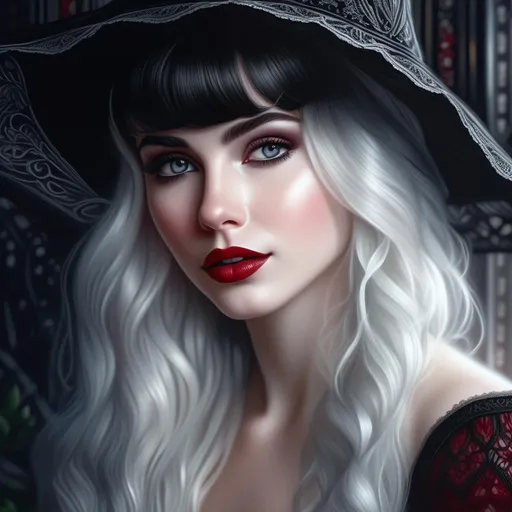 Prompt: A hyper realistic detailed portrait of a elf young beautiful woman ((dark black to white ombre with bangs hair)), pale skin, dark red lips, purple eyeshadow ((Violet eyes)), simple lace dress, highly detailed, digital painting, HD quality