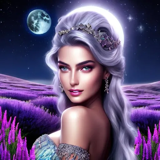 Prompt: HD 4k 3D 8k professional modeling photo hyper realistic beautiful woman ethereal greek goddess of the moon
lavender hair gray eyes gorgeous face pale skin shimmering dress with sequins shiny jewelry and diadem full body surrounded by magical glowing moonlight hd landscape background personification of the moon
