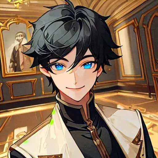 Prompt: boy, black hair, blue eyes, noble clothing, smiling, in a big room, very decorative, detailed face, 