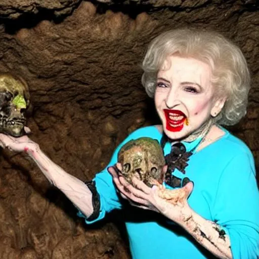 zombie-betty-white-holding-human-skull-in-a-cave-openart