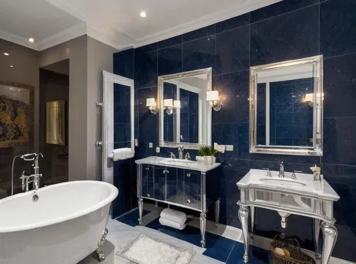 Prompt: large, luxurious belle epoque bathroom, polished silver beveling, blue sapphire station tiles, shower over bath, bidet, basin, terrazzo floors. photorealism.