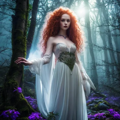 Prompt: Detailed fantasy 8k mystical light portrait of a witch with ivory clear skin, long curly redhead hair, deep purple eyes. Gorgeous hot body, she wears elegant aderent green dress, night light, forest, dramatic, charming pose, magical, fantasy,  high detailed, dramatic light