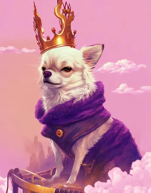 Prompt: Chihuahua Dog , Sitting in a King Chair, with a Crown, Background with Clouds, HDR, high resolution , Poster , 4k , Studio Ghibli Art Style , Centered, Poster, Cinematic Lights, 