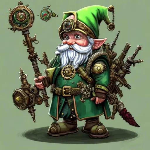 Prompt: gnome artificer styled as one of Santa's elves in green steam punk Armour and green hat wielding steampunk warhammer and shield with a wrist mounted grease launcher in fantasy art style