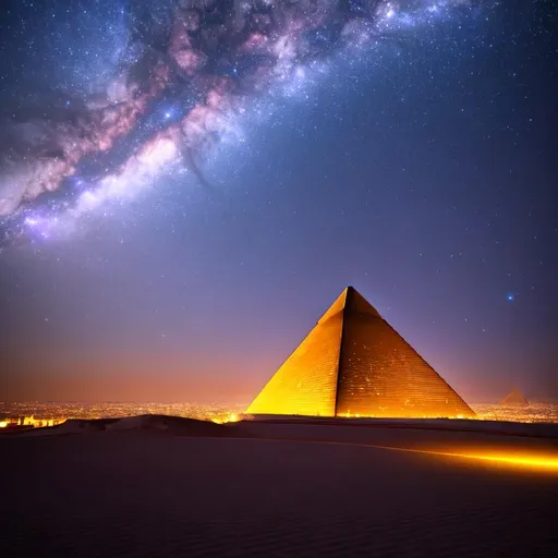 Prompt: Futuristic Giza Pyramid, ((milkyway on background)), Highly Detailed, Hyperrealistic, sharp focus, Professional, UHD, HDR, 8K, Render, HD, Trending on ArtStation, bokeh, cold light, nighttime